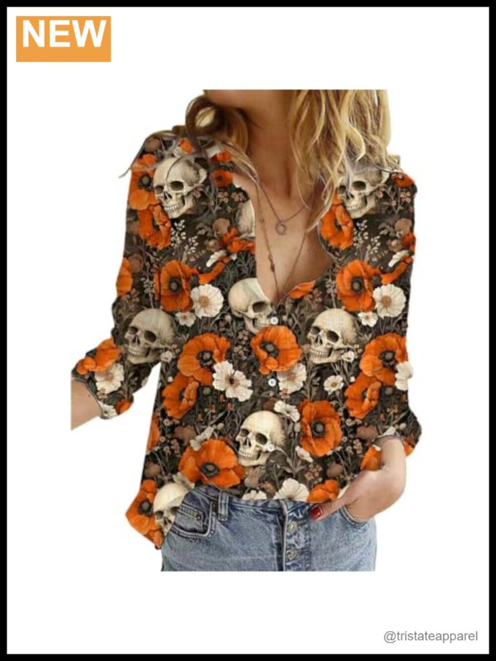 Women's V-Neck Long Sleeve Button Down Shirt with Skull Print